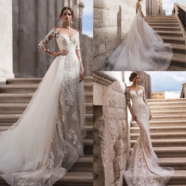 

2020 lace mermaid wedding dresses new sheer mesh long sleeves applique bridal gowns with detachable skirt vestidos de soiree, White