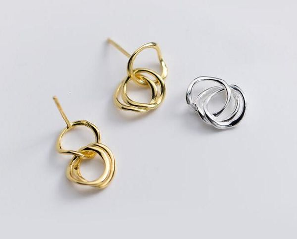 

100% 1pair real. 925 sterling silver jewelry white/ golds interlocked 3 irregular circles dangle earrings long gtle2817, Golden;silver