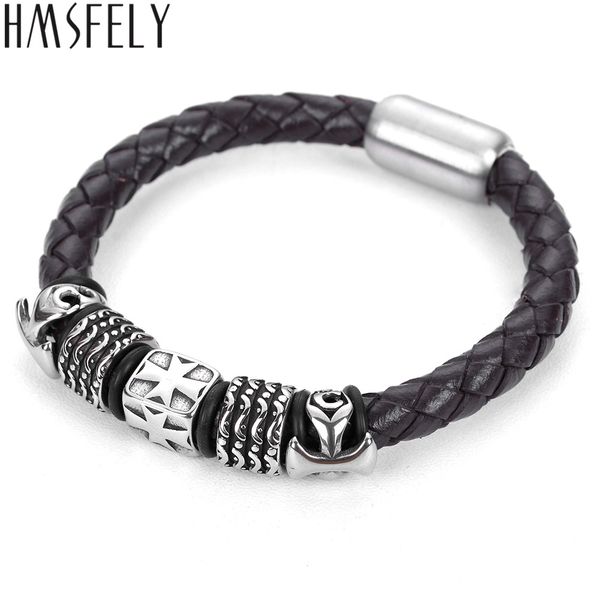 

hmsfely fashion stainless steel cross beads men cuff bracelet black brown genuine leather bracelets for men magnetic bangles, White