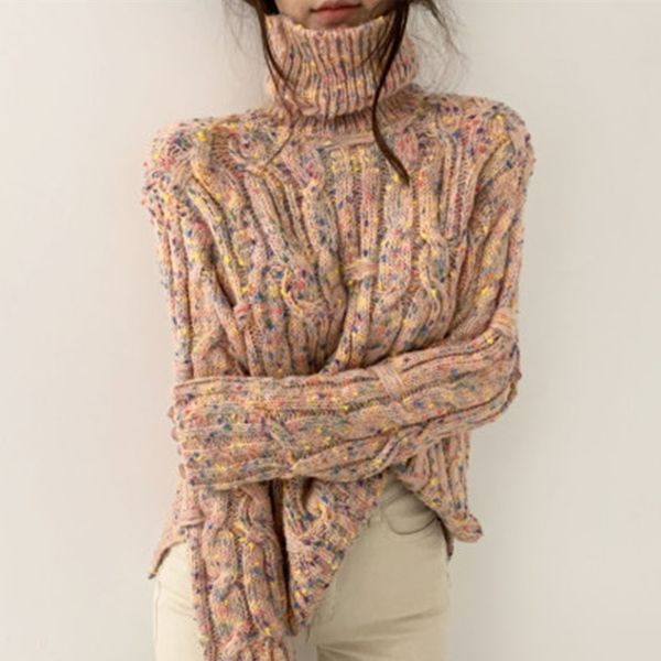 

wavsiyier 2020 spring winter women turtleneck sweater female twisted mixed color thick knitted ladies jumper woman pullover chic, White;black