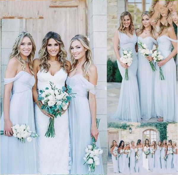 

2019 new gorgeous draped sky blue off-shoulder beach boho long bridesmaid dresses bohemian wedding party guest bridesmaids gown cheap, White;pink