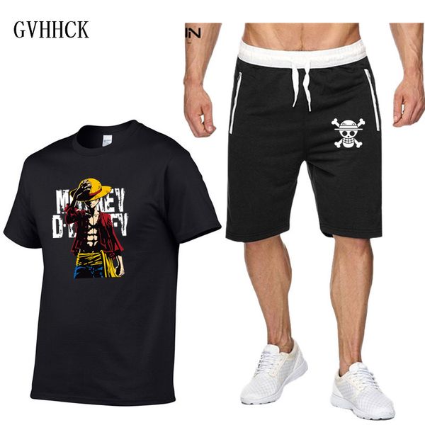 

2019 summer fashion luffy print t shirts men+shorts set men short sleeve shirts casual men clothing sets tracksuit plus size, Gray