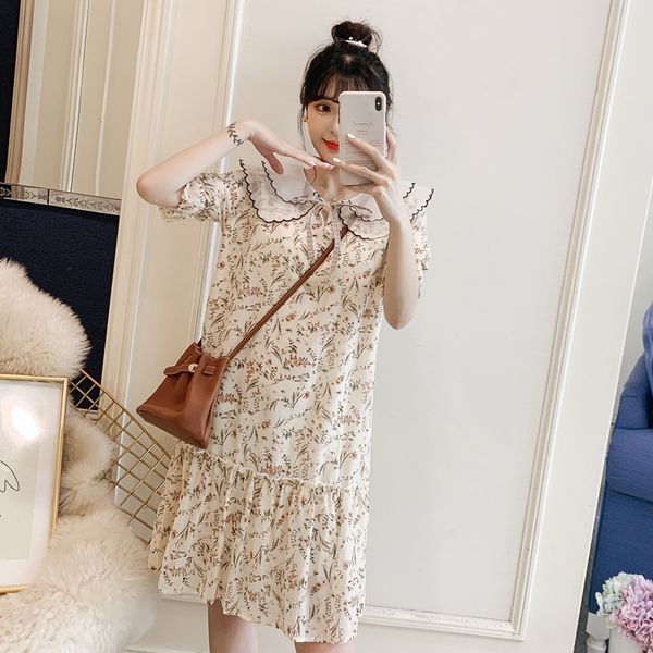 

summer fashion printing maternity floral dress short sleeve double layers peter pan collar pregnant women dress chiffon dresses, White
