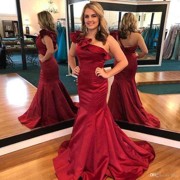

new dark red one shoulder mermaid prom dresses plus size ruffles sweep train satin simple formal prom dress evening gown ogstuff, Black