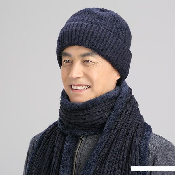 

зима мужчины cap среднего возраста папа пожилой дедушка вязаные шерсти hat мужчины открытый теплый отдых плюс бархатные шапки мягкий шарф ко, Blue;gray