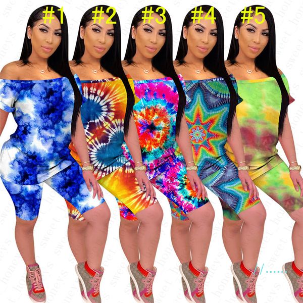 

summer women's clothing fashion tie-dyed one shoulder +shorts 2 pieces sets ladies casual outfits tracksuit female outdoor clothes d550, White