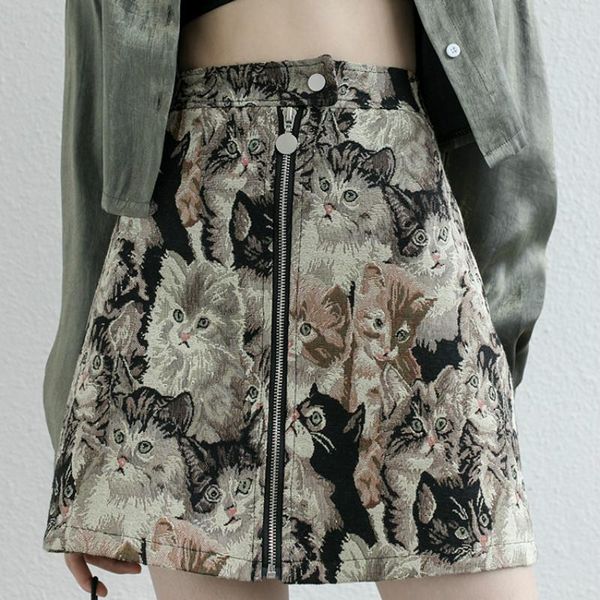 

designer women cat pattern skirts korean high waist a-line high waist falda mujer vintage cartoon streetwear female skirt, Black