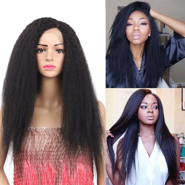 

длинные яки kinky прямые волосы парики синтетический парик фронта шнурка для женщин kinky straight natural black afro kinky парики