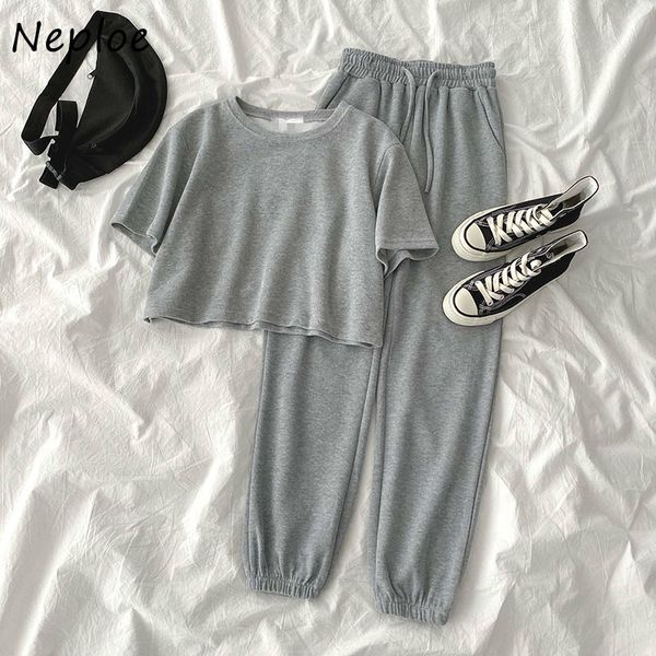 

two piece dress neploe women outfits sweatsuit short sleev eo-neck + lace up stretch high waist harem long pants korean set, White