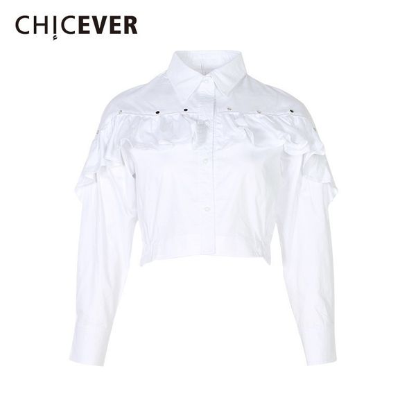 

chicever summer casual solid white women's blouse lapel long sleeve patchwork ruffles button short women shirt 2019 fashion new