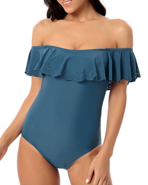 

women's swimsuit one piece halter beachwear elegant flounce falbala swimwear off-shoulder bathing suit cerulean color, White;black