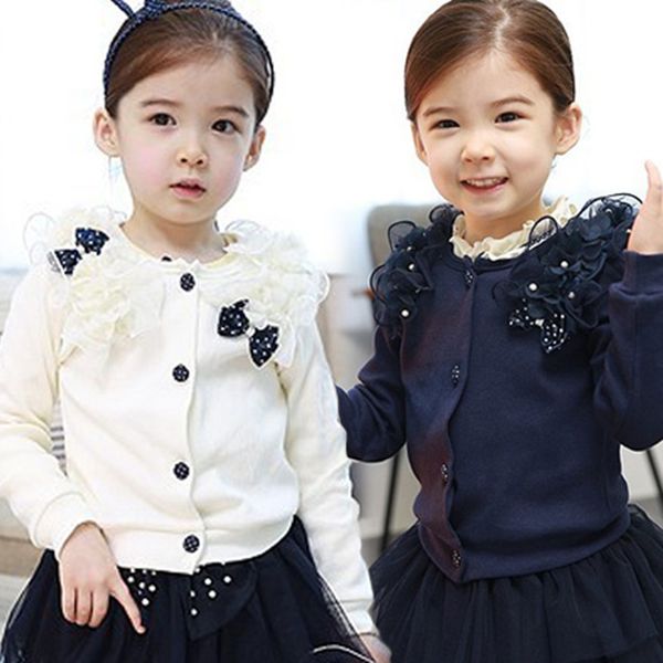 

2018 spring and autumn children coat bow decoration baby lace patchwork outerwear solid color long-sleeve cardigan for girls, Blue;gray