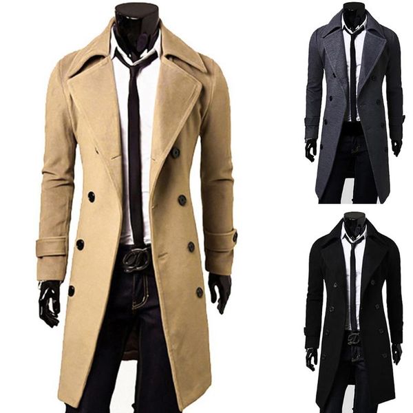 

mjartoria 2020 trench coat mens classic double breasted mens long coat masculino clothing long jackets coats british overcoat, Black