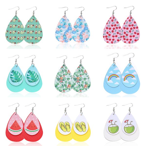 

fashion multilayer printed pu leather earrings sunflower fruit pattern leather daisy earring dangle waterdrop ear hook eardrop women jewelry, Silver