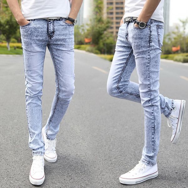 

nice men wear white jeans slim korean tidal tight skynny jeans, Blue