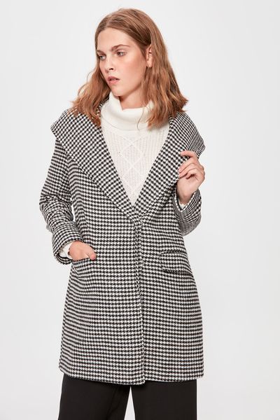 

trendyol black crow's feet pattern hood detailed coat twoaw20kb0109, Black;brown