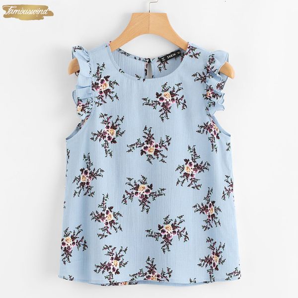 

blouse frilled armhole button closure back floral summer women regular fit casual blue chiffon sleeveless blouses, White