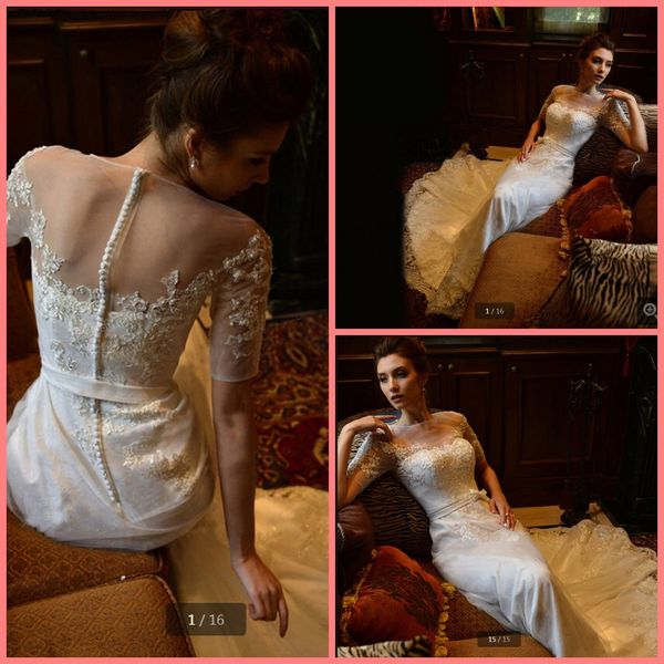 

vestido de festa white lace appliques mermaid summer wedding dress modest short sleeve beaded with sashes gorgeous bridal gowns sale