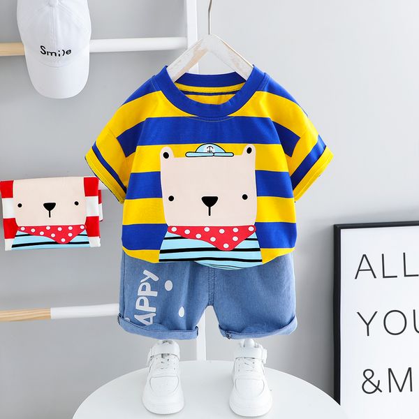 

baby striped clothing for a boy short-sleeves set cartoon t shirt + blue shorts children summer costume toddler kids clothes, White