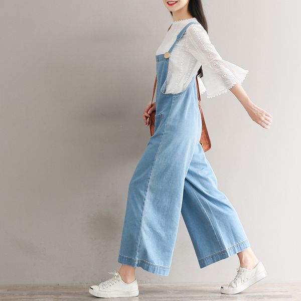 

5xl 4xl 3xl new wide leg jumpsuit with pockets spring auutmn womens rompers plus size jumpsuits mori girl denim overalls women, Black;white