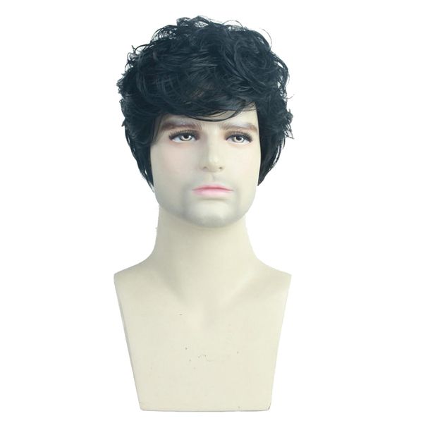 

man male 10'' short curly wavy wigs handsome boys curly layered cosplay wig, Black