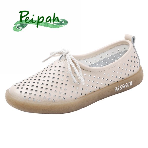 

peipah new genuine leather hollow out women ballet flats mothers' soft bottom slip on shallow shoes woman solid casual shoes, Black