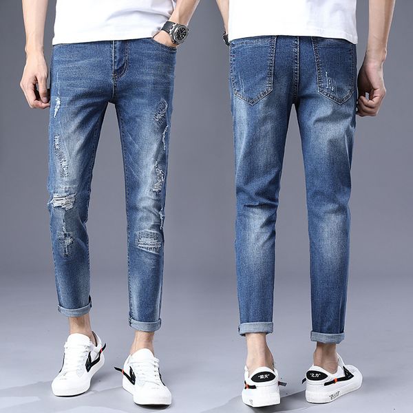 

the new spring and summer 2019 feet nine minutes of pants jeans male hole in cultivate one's morality spring tide men's trousers, Blue