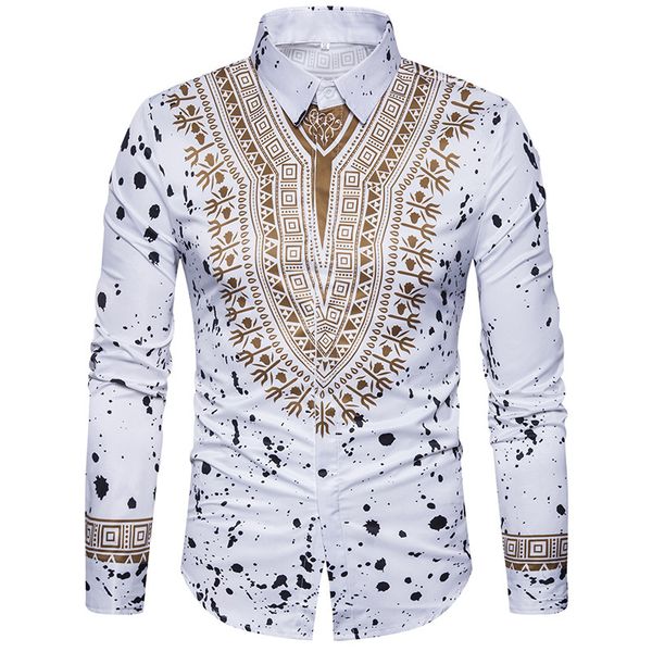 

men's daily luxury / vintage / boho cotton slim shirt - tribal print classic collar white long sleeve, White;black