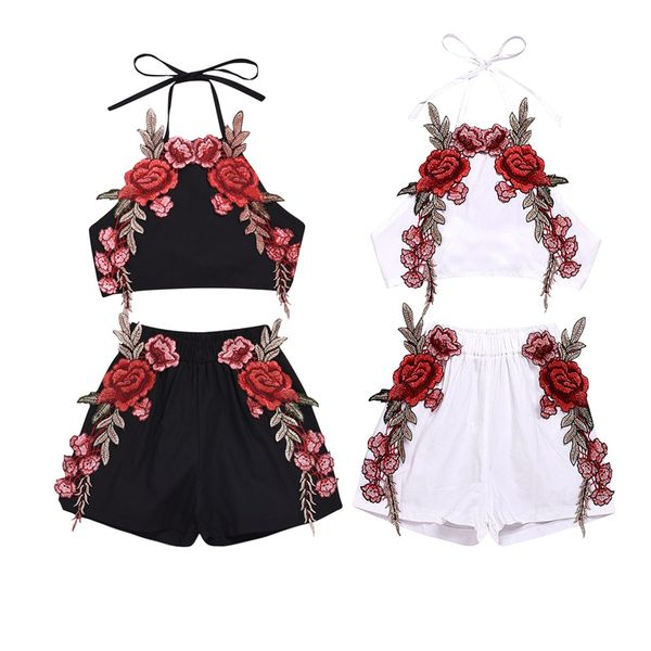 

infant toddler baby girl clothes set floral party summer embroidery clothes sets sleeveless vest flower short clothes, White