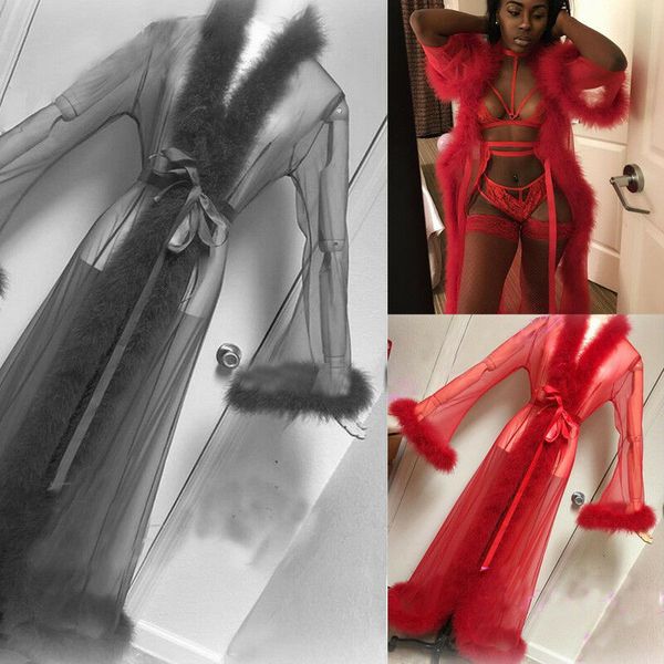 

2019 new sleepwear robe without g-string womens lingerie mesh long bath robe gown babydoll nightwear sleepwear christmas, Black;red