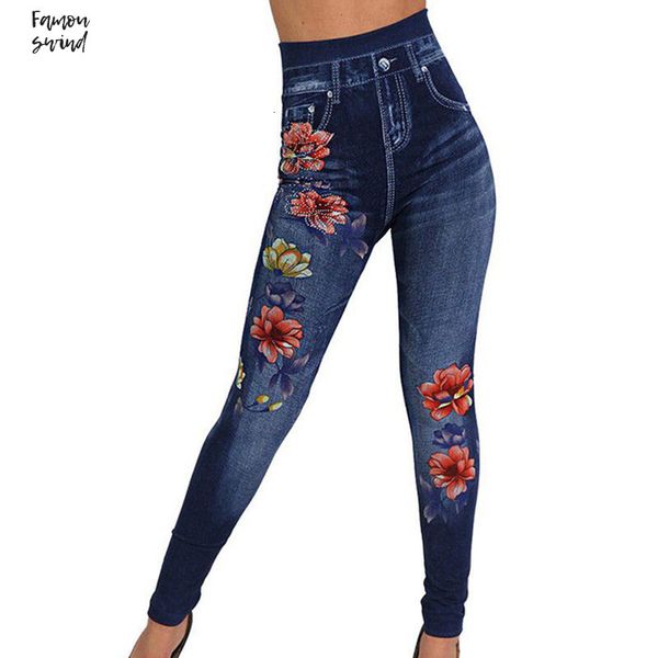 

джинсы женщины stretch высокой талией тощий высокая печать джинсовые брюки черный карандаш брюки леггинсы цветочные джинсы плюс размер, Blue