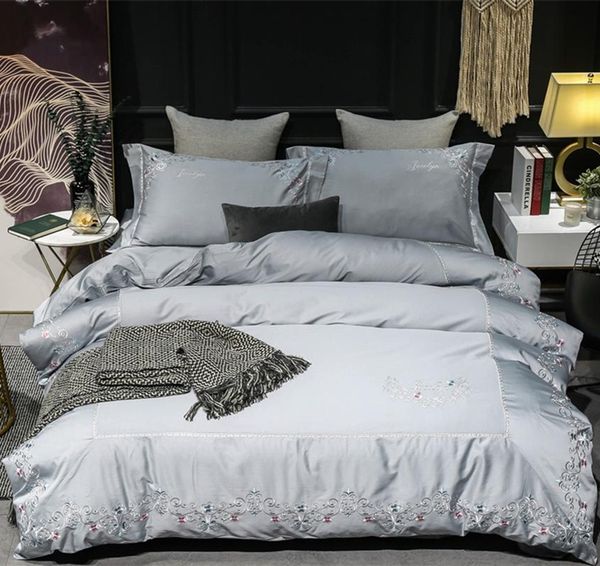 Luxury Egypt Cotton Dawn Garden Silver Bedding Set Embroidery