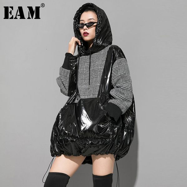 

eam] loose fit plaid oversized cotton-padded sweatshirt new hooded long sleeve women big size fashion autumn winter 2019 1k447, Black