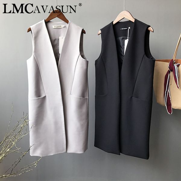 

lmcavasun s-xl spring long casual blazer vest pocket women gray black slim suit coat, Black;white