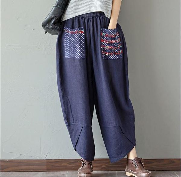 

women's pants & capris summer loose cotton linen trousers women wide leg elastic waist vintage womens casual harem rq36, Black;white