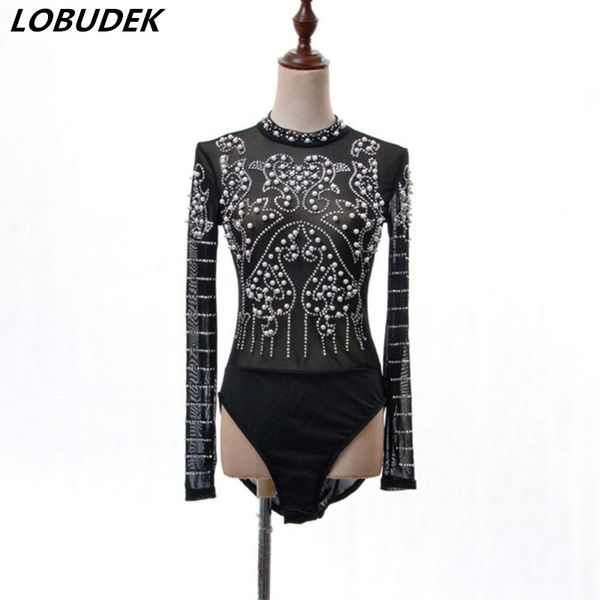 

black white beads crystals bodysuit see-through mesh leotard bar party dance outfit nightclub dj singer performance costume