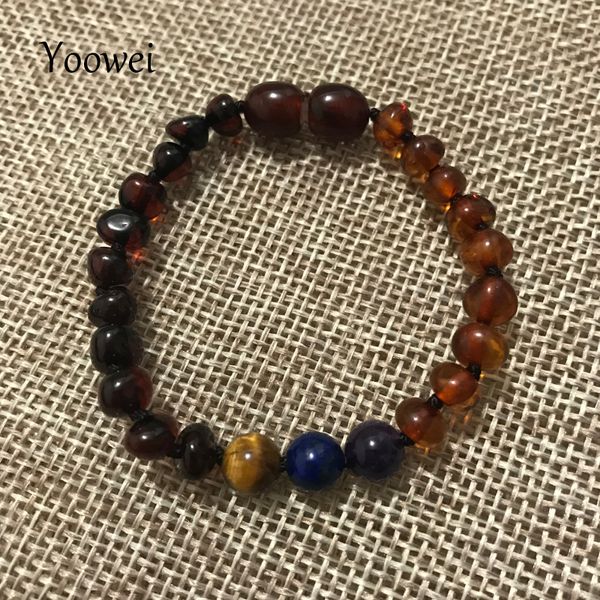 

yoowei baby amber teething bracelet/necklace half cherry cognac bead natural lapis lazuli original stone amber jewelry wholesale, Golden;silver