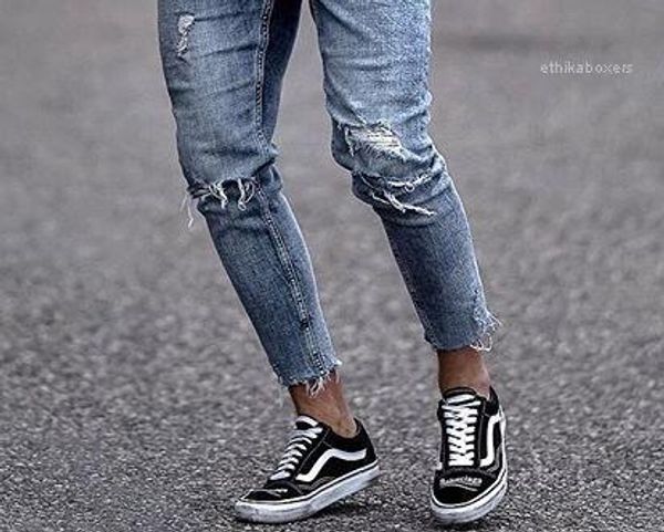 

casual mid waist jeans mens clothing mens hole burrs zipper pencil pants skinny washed summer, Blue