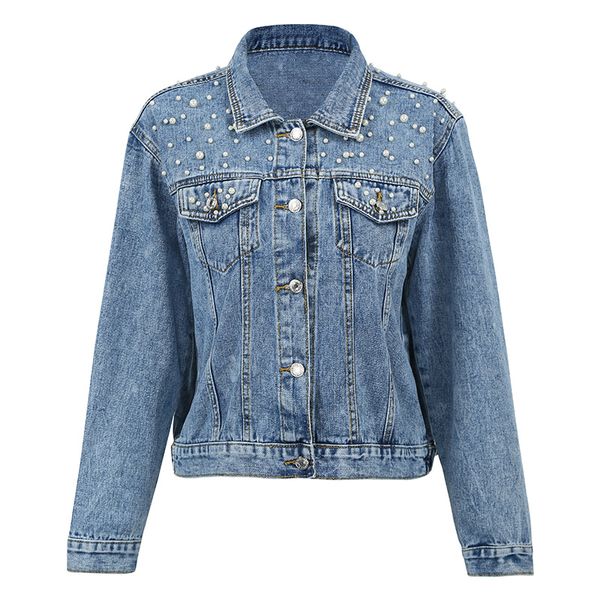 

all-match women denim jacket turn down collar long sleeve beads casual jeans coat plus size ladies 2019 spring autumn streetwear, Black;brown