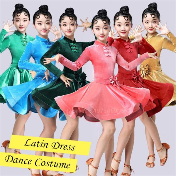 

stage wear girls velvet latin dance dress full sleeve kids performance costume teenager autumn winter ballroom tango vestidos women, Black;red