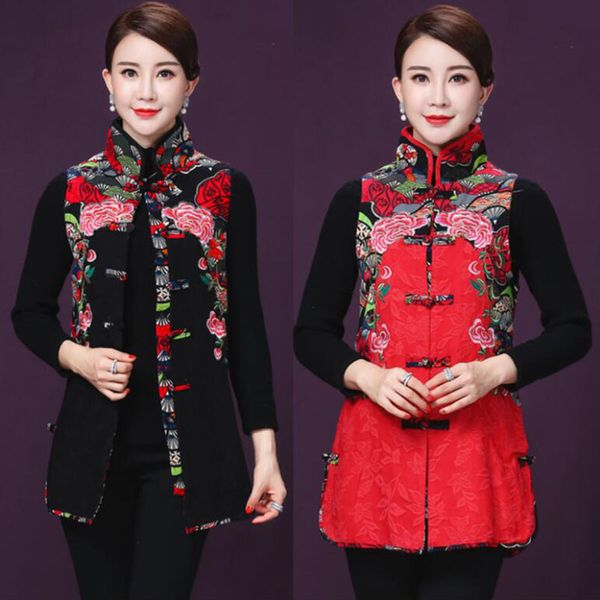 

2018 women flower embroidery slim vest single-breasted mandarin collar vintage sleeveless coat spring&autumn female fashion coat, Black;white