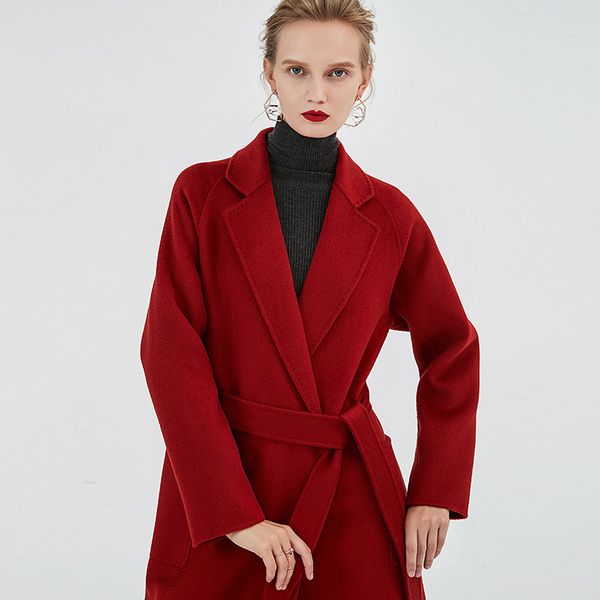 

2019 agate red water moire double-sided womens cashmere coats ladies belted waist wool coats dhl ing, Black