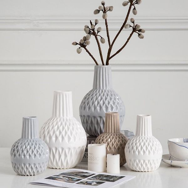 Modern Simple White Ceramic Vase Diamond Polygon Small Vases