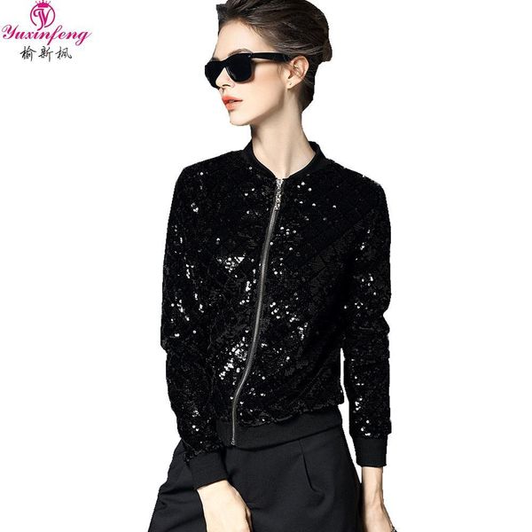 

yuxinfeng womenlong рукава блесток куртки плюс размер black bomber куртки lady runway zipper streetwear опрятный повседневный basic coat, Black;brown