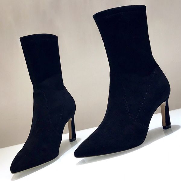 

mid calf boots women 2019 winter pointed toe high heel mid calf boots leather black women female high top