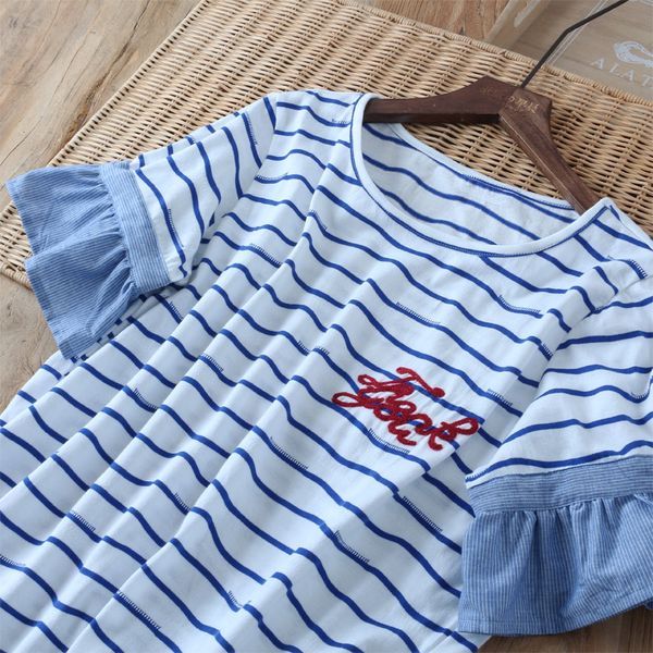

japanese-style letter horizontal stripes cotton small fresh half sleeve summer t-shirt tee top, White