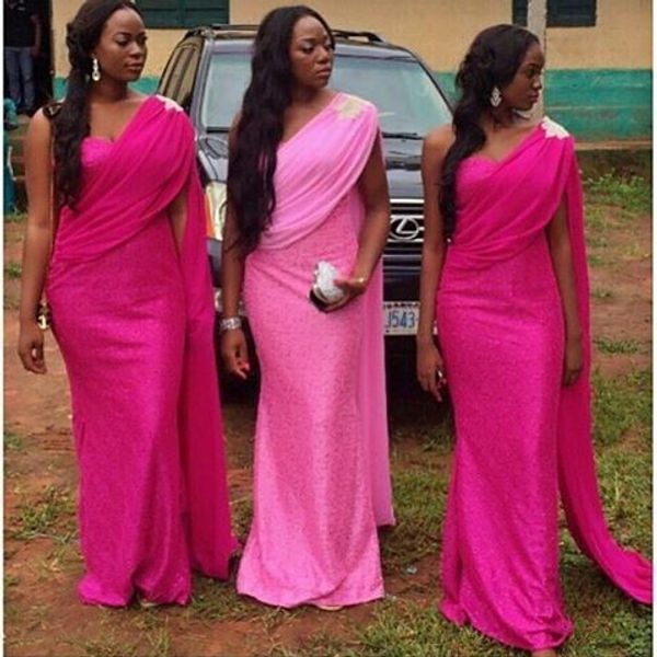 

stunning pink country african bridesmaid robes dress one shoulder chiffon lace beaded wedding guest party evening formal dress, White;pink