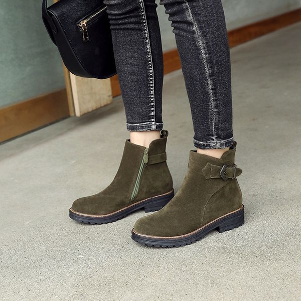 

ymechic 2018 casual chunky low heel buckle flock ankle boots female army green black womens autumn shoes woman plus size 34-43
