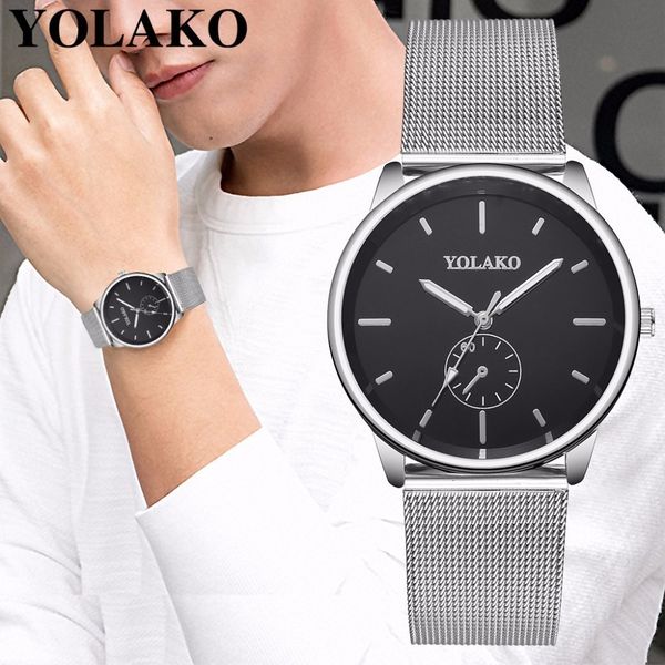 

yolako men stainless steel mesh belt business watch luxury male clock quartz watch relogio masculino sale, Slivery;brown