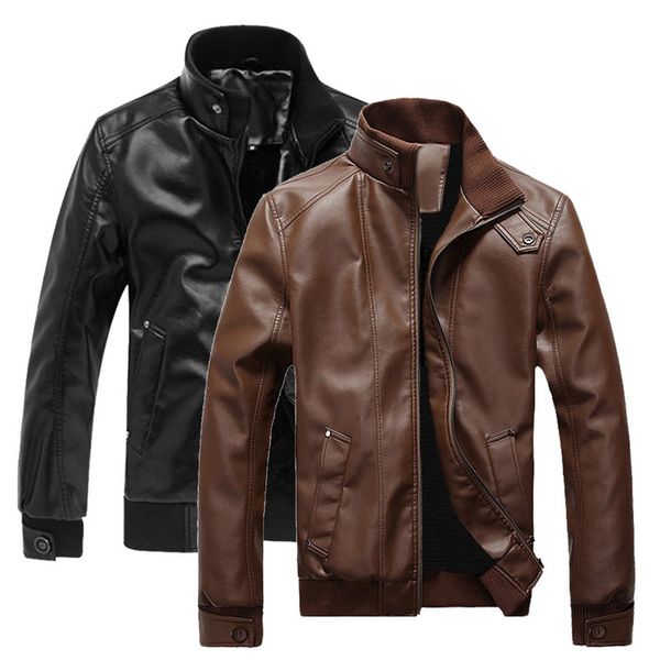 

oeak 2019 new brand leather jacket fashion male stand collar pu coats autumn winter biker warm clothes plus size xxxl, Black;brown